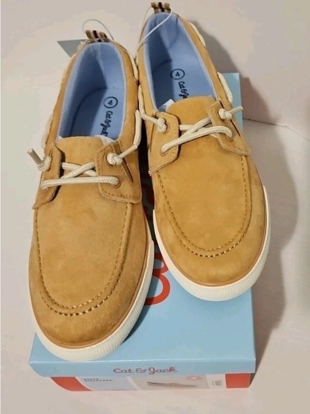 NEW Cat & Jack Tan Suede-Look Kids Boat Shoes with Light Blue Insole